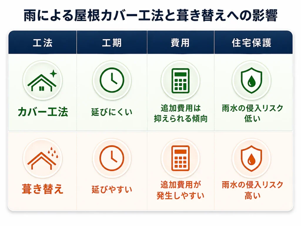 屋根カバー工法と葺き替え工法の雨天時対応の比較
