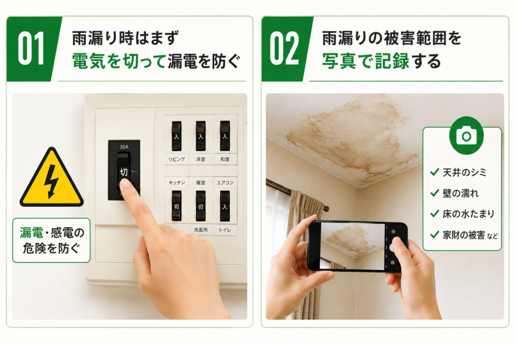 雨漏り応急処置の前に最初の30秒でやることを解説している画像