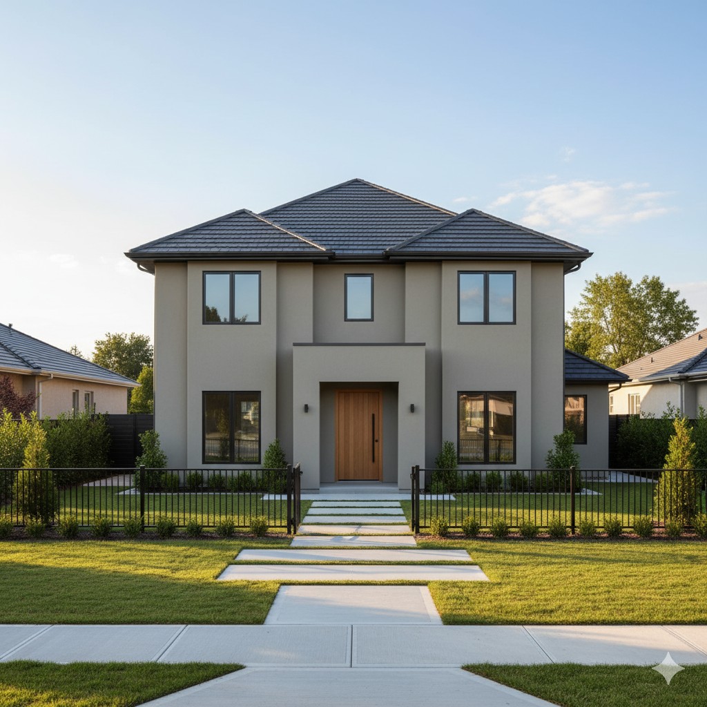 グレージュ外壁と木目の玄関ドアで温かみのある家の施工例