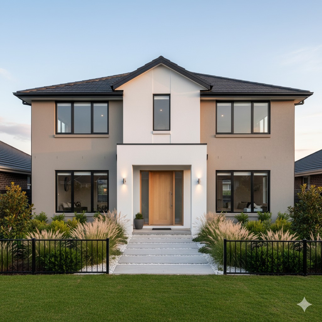 グレージュ外壁にホワイトを合わせた明るく落ち着いた住宅外観