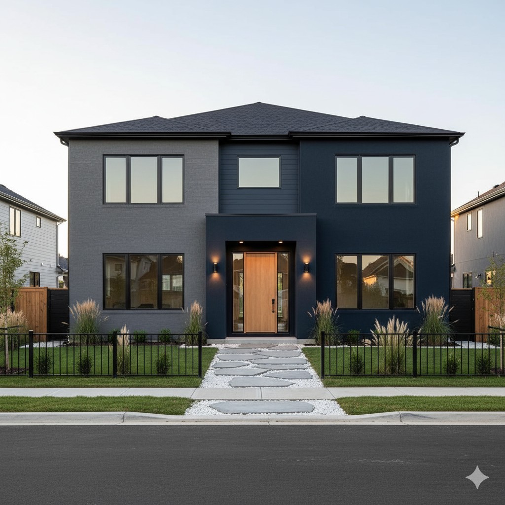 グレー外壁にネイビーを組み合わせたシックで個性的な住宅例