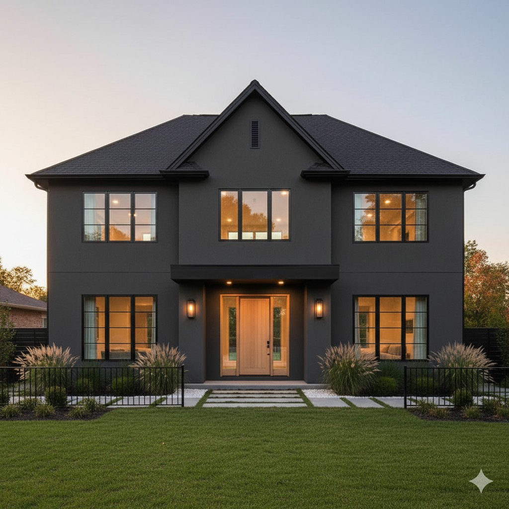 チャコールグレー外壁とブラック屋根で重厚かつモダンな外観