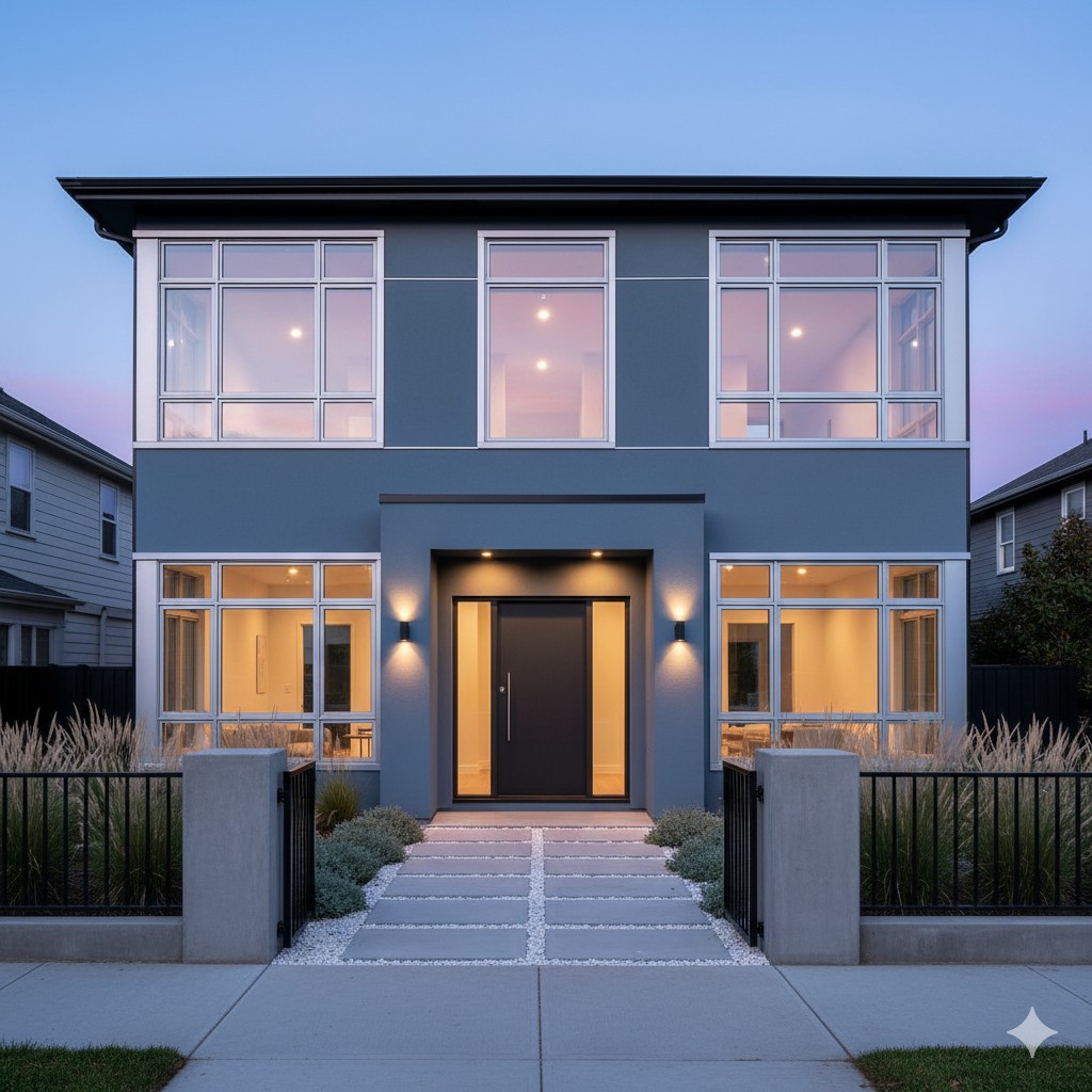 ブルーグレー外壁にシルバーサッシを組み合わせた都会的な住宅外観