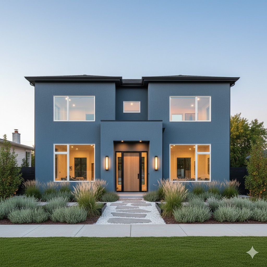 ブルーグレー外壁と白サッシで爽やかで透明感のある住宅外観