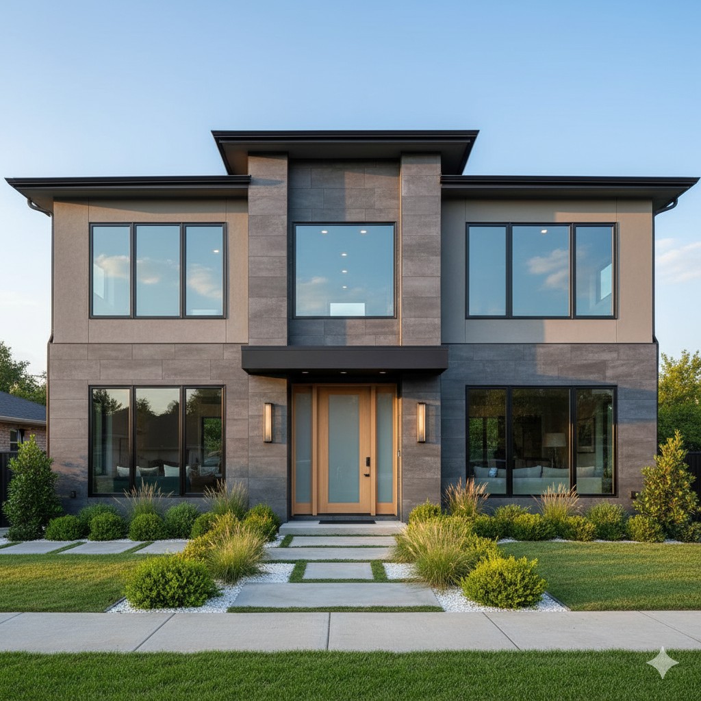 ミディアムグレーとタイル調素材を組み合わせた上品な住宅外観