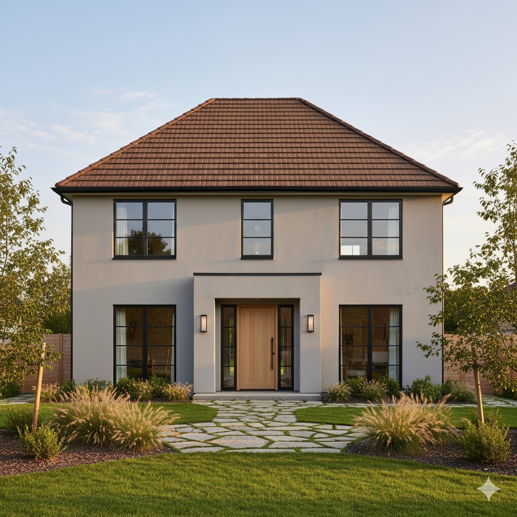 ライトグレー外壁とブラウン屋根を組み合わせたナチュラルな家の外観