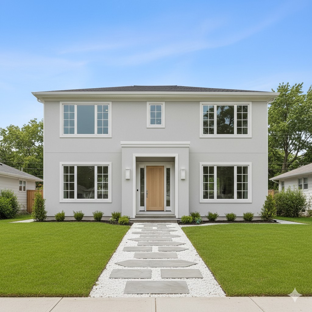 ライトグレー外壁とホワイトの組み合わせで明るく清潔感のある住宅外観