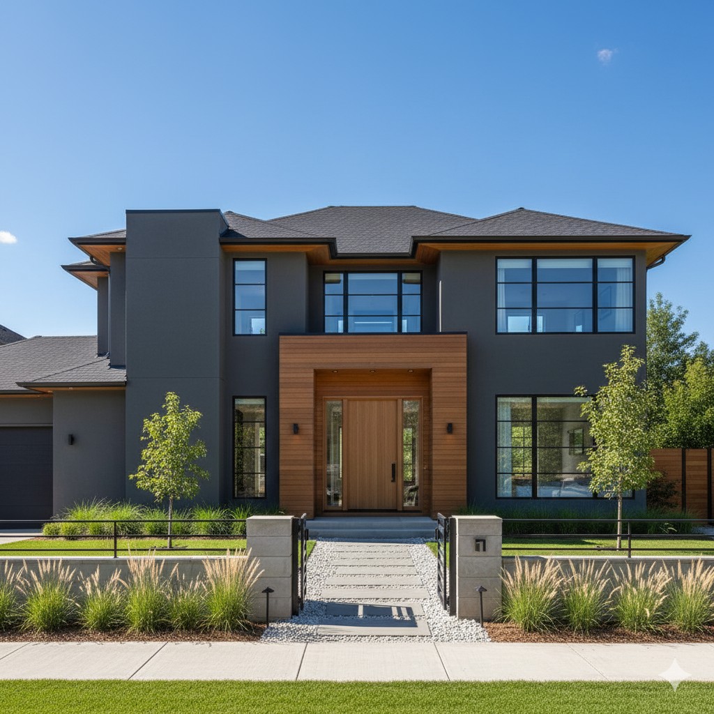 チャコールグレー外壁に木目をアクセントとして取り入れたモダンな住宅