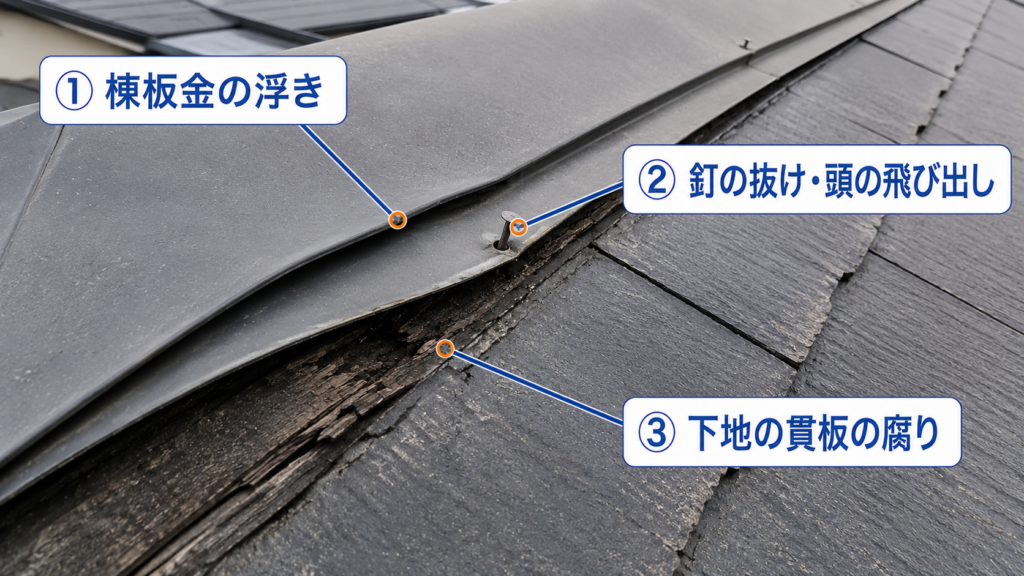 雨漏りの原因ランキング4位の屋根の棟板金の浮き・釘抜けの画像