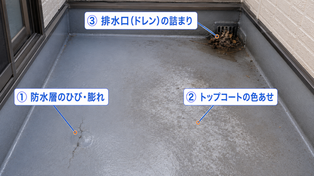 雨漏りの原因ランキング8位のベランダ床の防水層の劣化や排水口の詰まりの画像