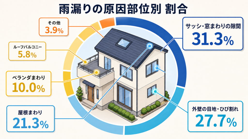 雨漏りの原因ランキングの原因別の比率を表した図