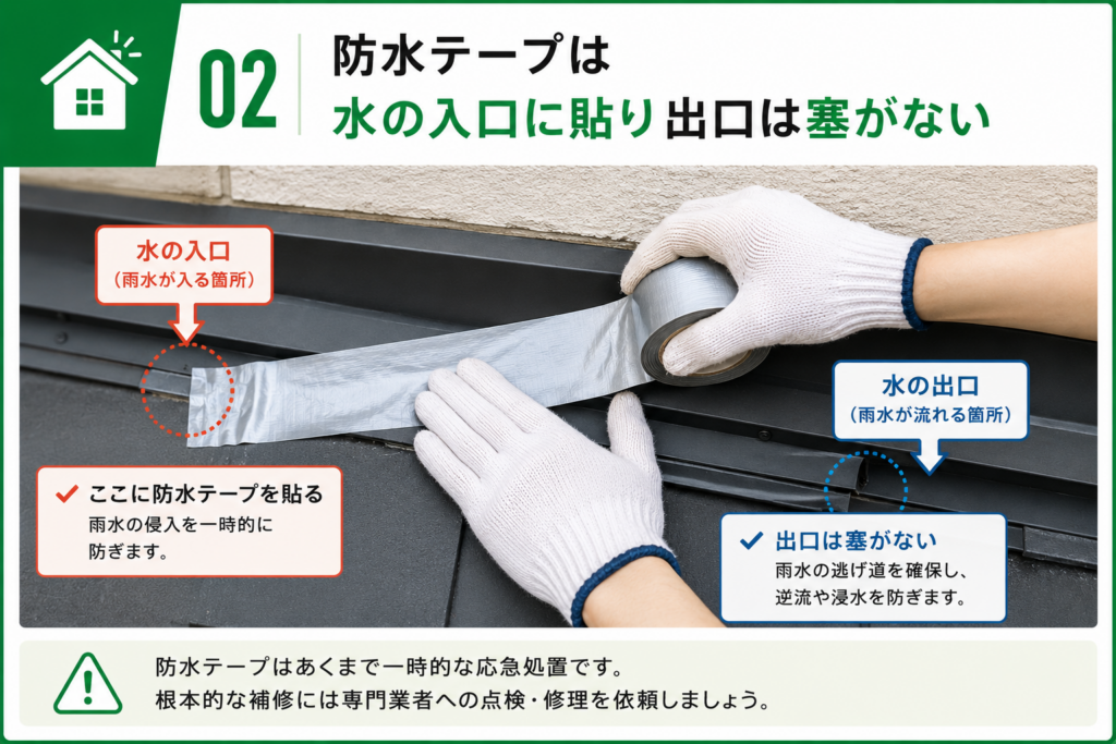 防水テープは水の入口に貼り出口は塞がないことを解説している画像