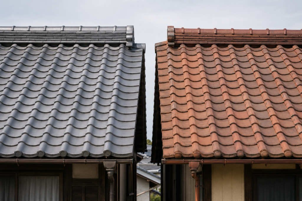 銀色のいぶし瓦の屋根と赤茶色の素焼き瓦の屋根を並べた写真