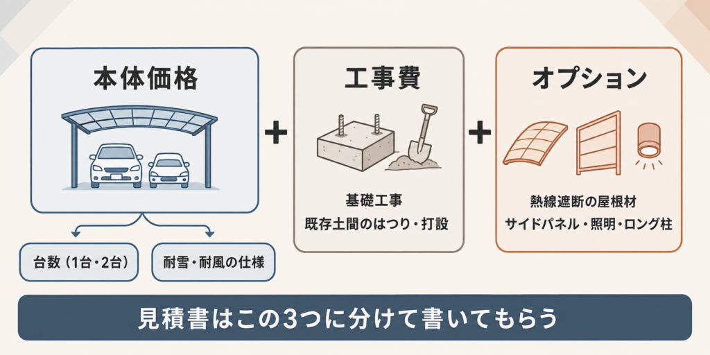 カーポート新設の費用が本体価格と工事費とオプションの合計で決まることを示す図