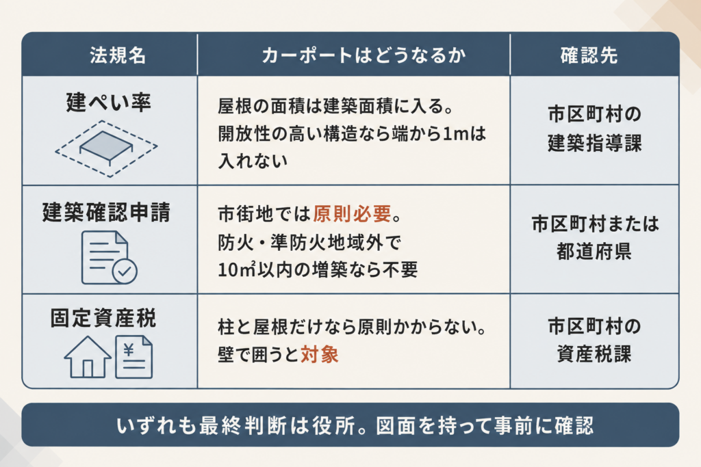 カーポート設置前に確認する建ぺい率と建築確認申請と固定資産税の扱いと確認先をまとめた早見表