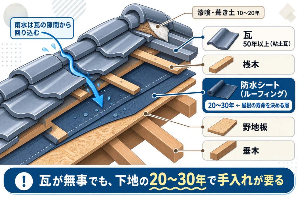 瓦屋根の断面図。瓦の下に桟木、防水シート、野地板、垂木の順に重なり、防水シートの寿命が20〜30年であることを示す図