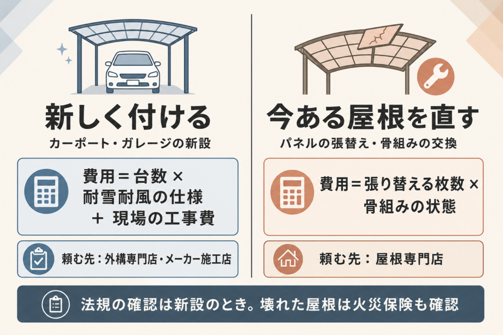 駐車場屋根工事は新しく付ける工事と今ある屋根を直す工事の2つに分かれ、費用の決まり方と頼む先が違うことを示す図