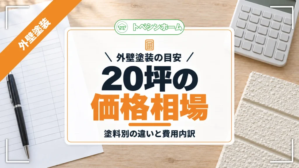 外壁塗装の目安｜20坪の価格相場｜塗料別の違いと費用内訳（トベシンホームのコラム「外壁塗装20坪の価格はいくら？相場の目安と内訳・塗料別の違いを解説」のアイキャッチ画像）
