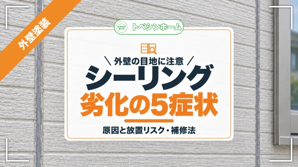 外壁の目地に注意｜シーリング劣化の5症状｜原因と放置リスク・補修法（トベシンホームのコラム「外壁シーリングの劣化症状とは？放置するリスクと原因・対処法まで」のアイキャッチ画像）
