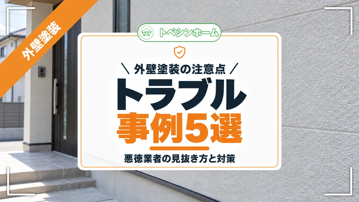 外壁塗装の注意点|トラブル事例5選|悪徳業者の見抜き方と対策(トベシンホームのコラム「外壁塗装のトラブル事例5選!悪徳業者の見抜き方や予防方法・対処法まで」のアイキャッチ画像)