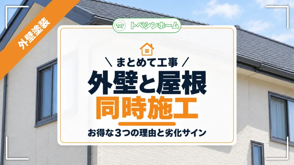 まとめて工事｜外壁と屋根同時施工｜お得な3つの理由と劣化サイン（トベシンホームのコラム「外壁塗装と屋根工事は同時施工がお得！3つの理由と工事するべきサインを解説」のアイキャッチ画像）