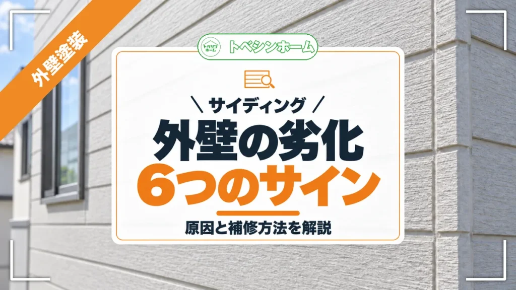 サイディング｜外壁の劣化6つのサイン｜原因と補修方法を解説（トベシンホームのコラム「サイディング外壁の劣化症状とは？6つのサインとメンテナンス方法を解説」のアイキャッチ画像）