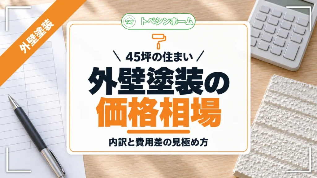 45坪の住まい｜外壁塗装の価格相場｜内訳と費用差の見極め方（トベシンホームのコラム「外壁塗装45坪の価格はいくら？相場・内訳・費用差の理由まで徹底解説」のアイキャッチ画像）