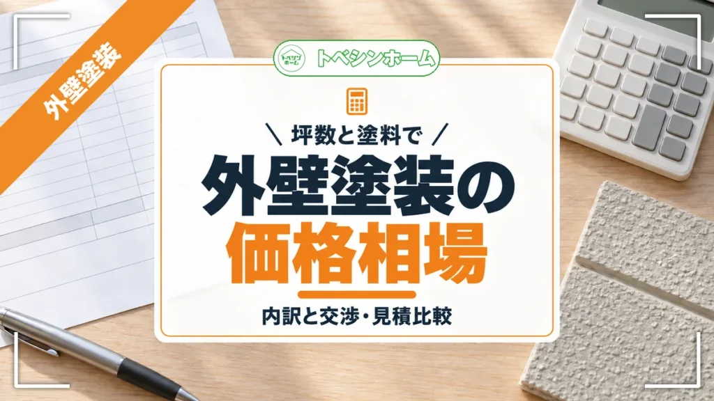 坪数と塗料で｜外壁塗装の価格相場｜内訳と交渉・見積比較（トベシンホームのコラム「【2025年】外壁塗装価格の相場！坪数別・塗料別・交渉術まで完全解説」のアイキャッチ画像）