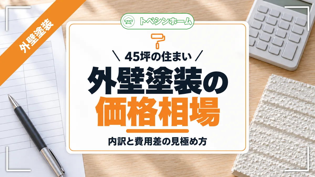 45坪の住まい｜外壁塗装の価格相場｜内訳と費用差の見極め方（トベシンホームのコラム「外壁塗装45坪の価格はいくら？相場・内訳・費用差の理由まで徹底解説」のアイキャッチ画像）