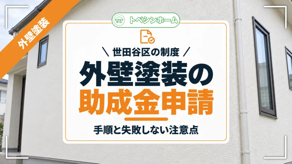 世田谷区の制度｜外壁塗装の助成金申請｜手順と失敗しない注意点（トベシンホームのコラム「世田谷区の外壁塗装助成金を紹介！制度内容と申請の注意点まで解説」のアイキャッチ画像）