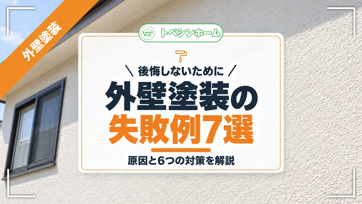 後悔しないために｜外壁塗装の失敗例7選｜原因と6つの対策を解説（トベシンホームのコラム「外壁塗装のよくある失敗例7選！失敗する原因と後悔しないための対策まで」のアイキャッチ画像）