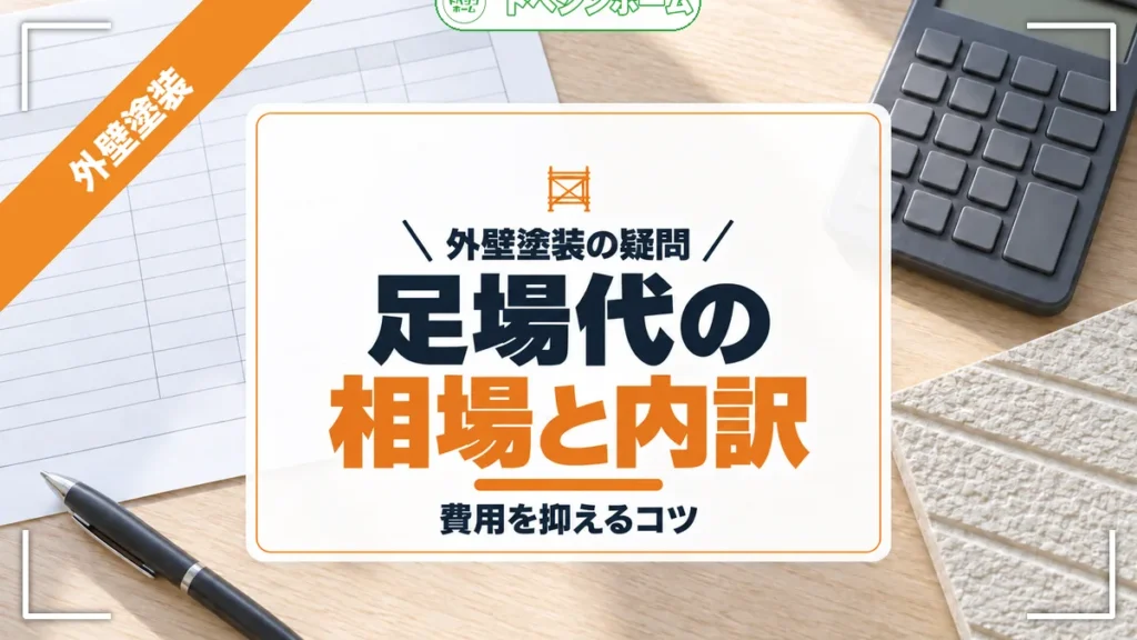 外壁塗装の疑問｜足場代の相場と内訳｜費用を抑えるコツ（トベシンホームのコラム「外壁塗装足場価格の相場と内訳は？最新価格と費用を抑えるコツも」のアイキャッチ画像）