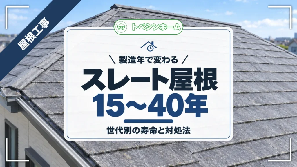 製造年で変わる｜スレート屋根15〜40年｜世代別の寿命と対処法（トベシンホームのコラム「スレート屋根の耐用年数は製造年で15〜40年！世代別の寿命と対処」のアイキャッチ画像）