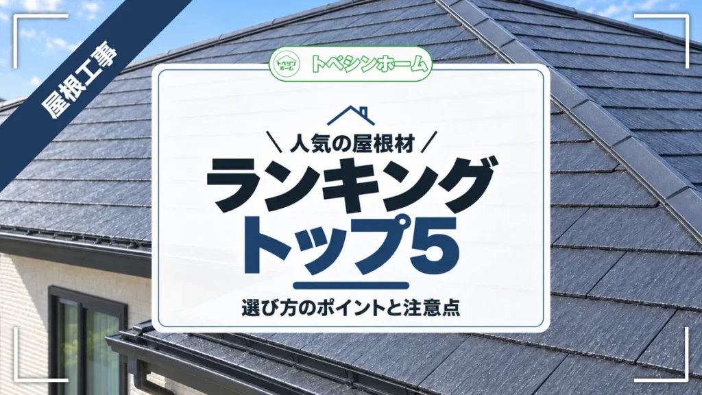 人気の屋根材｜ランキングトップ5｜選び方のポイントと注意点（トベシンホームのコラム「屋根材の人気ランキングトップ5！選び方のポイントと注意点まで」のアイキャッチ画像）