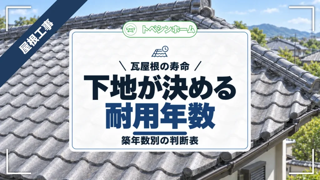 瓦屋根の寿命｜下地が決める耐用年数｜築年数別の判断表（トベシンホームのコラム「瓦屋根の耐用年数は下地の20〜30年で決まる！築年数別の判断表」のアイキャッチ画像）