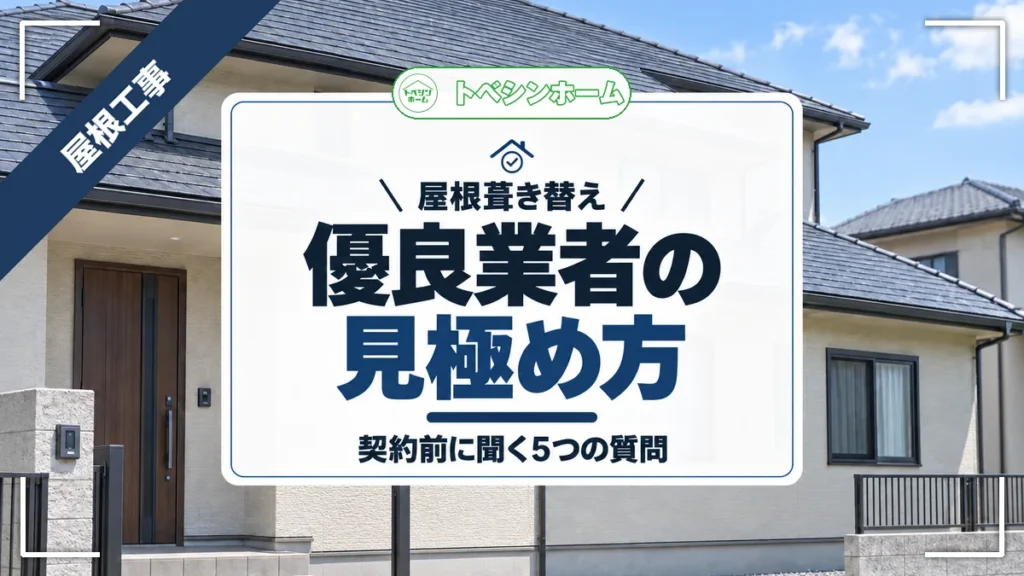 屋根葺き替え｜優良業者の見極め方｜契約前に聞く5つの質問（トベシンホームのコラム「屋根葺き替え業者はどう選べばいい？優良業者の見極め方と質問リスト」のアイキャッチ画像）