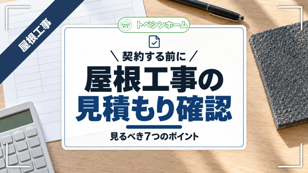 契約する前に｜屋根工事の見積もり確認｜見るべき7つのポイント（トベシンホームのコラム「屋根工事見積もりはここをチェック！悪徳業者にだまされない確認ポイント」のアイキャッチ画像）