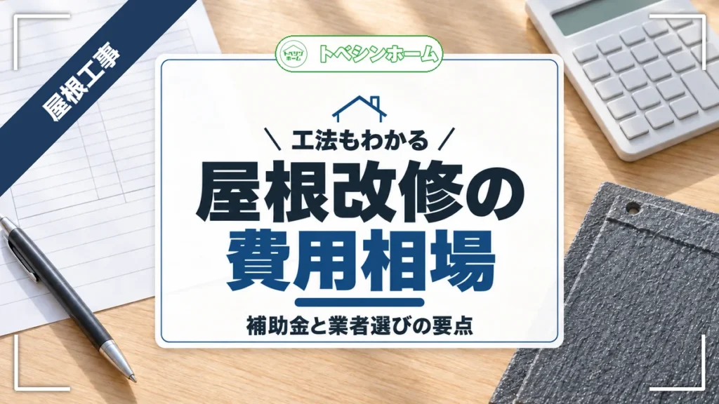 工法もわかる｜屋根改修の費用相場｜補助金と業者選びの要点（トベシンホームのコラム「屋根リフォームの費用相場と工法を解説！補助金や業者の選び方まで」のアイキャッチ画像）