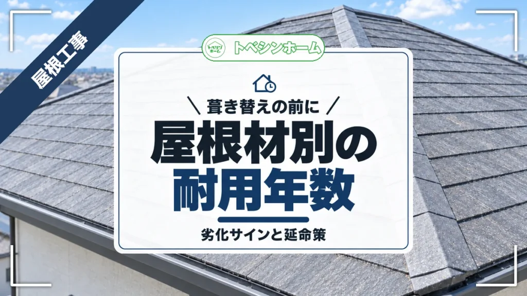 葺き替えの前に｜屋根材別の耐用年数｜劣化サインと延命策（トベシンホームのコラム「屋根耐用年数は屋根材で違う！スレート20〜30年・瓦50年以上の一覧と費用」のアイキャッチ画像）