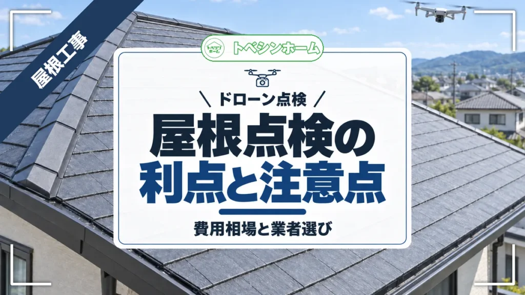 ドローン点検｜屋根点検の利点と注意点｜費用相場と業者選び（トベシンホームのコラム「ドローンによる屋根点検とは？メリット・費用・悪徳業者対策まで解説」のアイキャッチ画像）