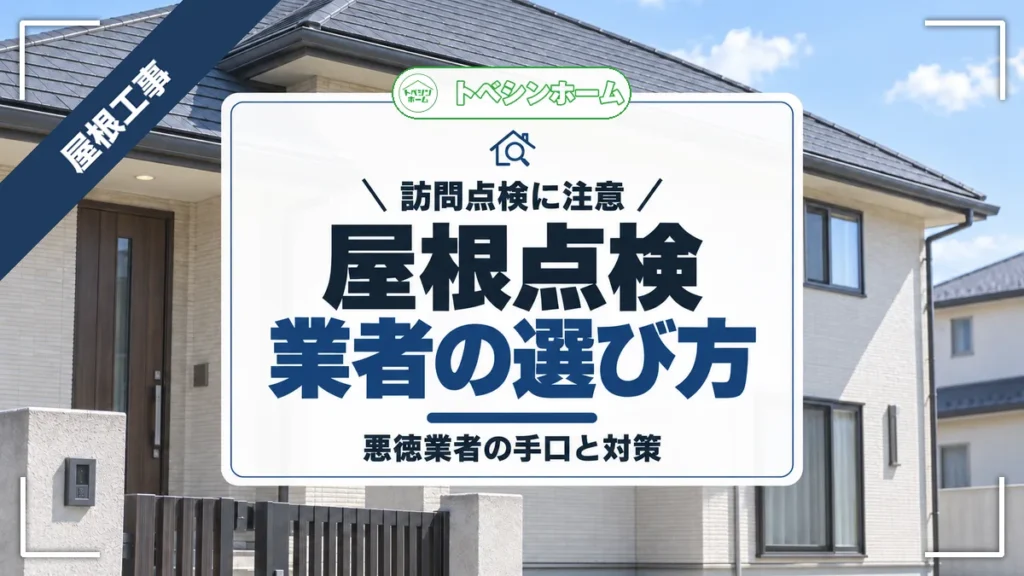 訪問点検に注意｜屋根点検業者の選び方｜悪徳業者の手口と対策（トベシンホームのコラム「屋根点検業者は怪しい？信頼できる業者選び方・悪徳業者の手口まで解説」のアイキャッチ画像）