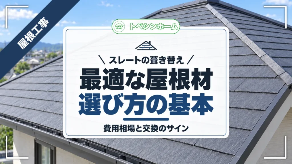 スレートの葺き替え｜最適な屋根材選び方の基本｜費用相場と交換のサイン（トベシンホームのコラム「屋根スレート葺き替えは何が最適？おすすめ屋根材と費用相場を完全解説」のアイキャッチ画像）
