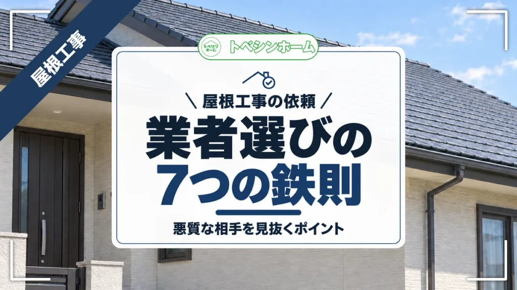 屋根工事の依頼｜業者選びの7つの鉄則｜悪質な相手を見抜くポイント（トベシンホームのコラム「屋根工事業者選び方7の鉄則！悪徳業者を見抜くチェックポイント」のアイキャッチ画像）