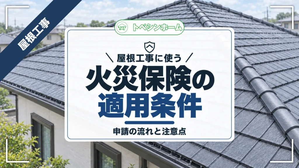 屋根工事に使う｜火災保険の適用条件｜申請の流れと注意点（トベシンホームのコラム「火災保険は屋根工事に使える？保険適用の条件から申請方法まで徹底解説」のアイキャッチ画像）