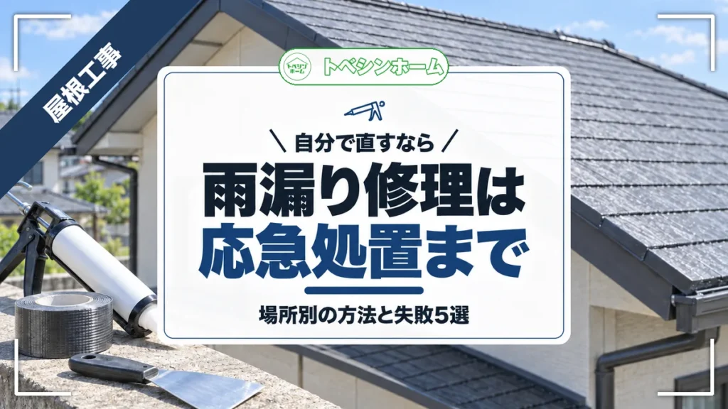 自分で直すなら｜雨漏り修理は応急処置まで｜場所別の方法と失敗5選（トベシンホームのコラム「雨漏り修理を自分でできる範囲は応急処置まで！場所別の方法と失敗5選」のアイキャッチ画像）