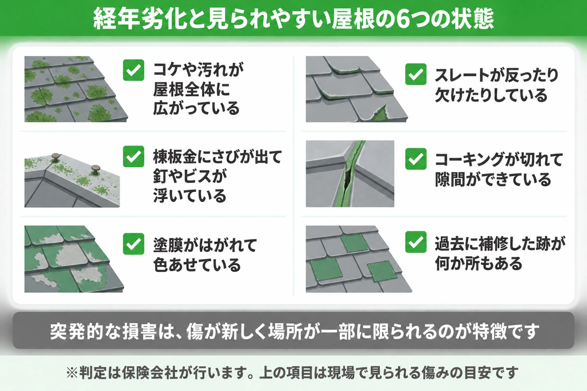 コケや汚れの広がり、スレートの反り、棟板金のさびと釘の浮き、コーキングの切れ、塗膜のはがれ、過去の補修跡という経年劣化と見られやすい屋根の6つの状態を並べたチェック図