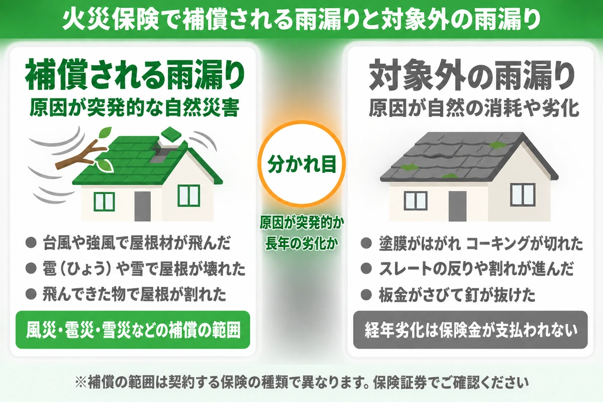 火災保険で補償されるのは風災や雹災など突発的な自然災害が原因の雨漏りで、塗膜のはがれやスレートの反りなど自然の消耗や劣化が原因の雨漏りは対象外になることを左右に並べて比べた図