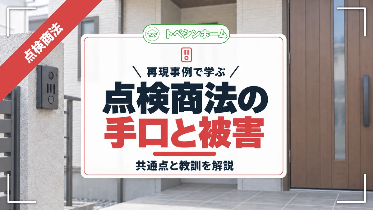 再現事例で学ぶ|点検商法の手口と被害|共通点と教訓を解説(トベシンホームのコラム「点検商法の事例紹介!再現事例でわかる点検商法の手口と被害とは?」のアイキャッチ画像)