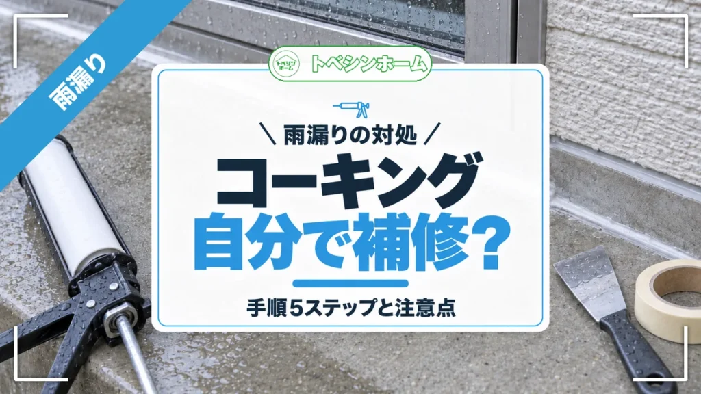 雨漏りの対処｜コーキング自分で補修？｜手順5ステップと注意点（トベシンホームのコラム「雨漏り修理コーキングは自分で直せる？DIY5ステップと業者費用の相場」のアイキャッチ画像）