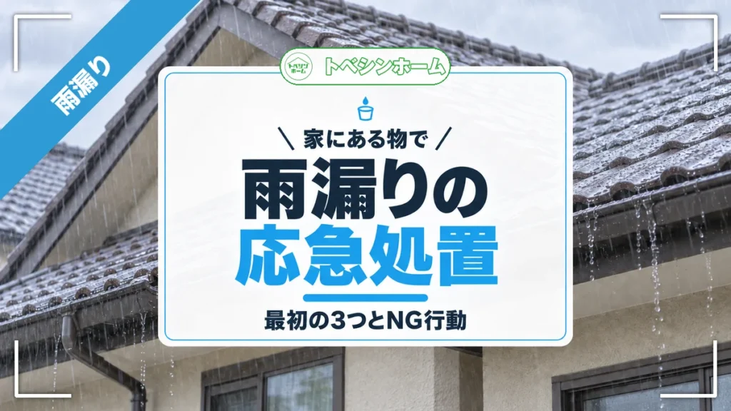 家にある物で｜雨漏りの応急処置｜最初の3つとNG行動（トベシンホームのコラム「雨漏り応急処置はまず3つ！家にある物でできる対処とNG行動」のアイキャッチ画像）